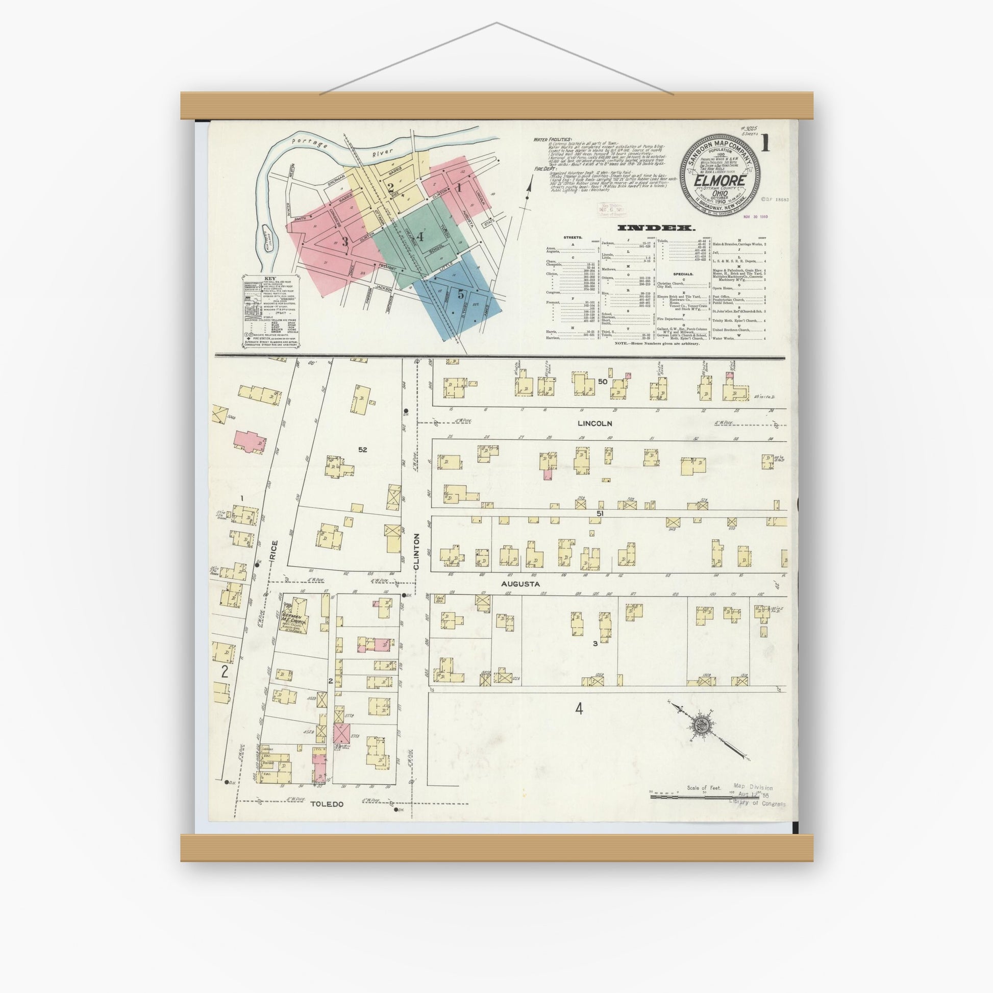 Old map wall art mockup — magnetic wood frame on white wall — Sanborn Fire Insurance Map from Elmore, Ottawa County, Ohio (1910) - Complete Map Set