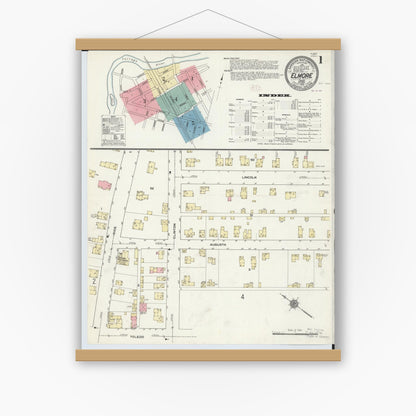 Old map wall art mockup — magnetic wood frame on white wall — Sanborn Fire Insurance Map from Elmore, Ottawa County, Ohio (1910) - Complete Map Set