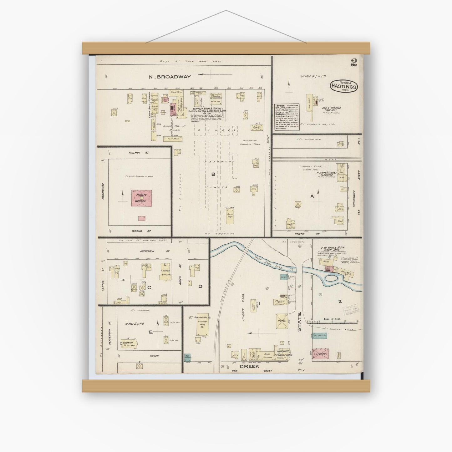 Old map wall art mockup — magnetic wood frame on white wall — Sanborn Fire Insurance Map from Hastings, Barry County, Michigan (1884), Sheet #0002