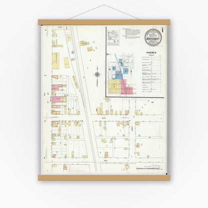Old map wall art mockup — magnetic wood frame on white wall — Sanborn Fire Insurance Map from Montgomery, Le Sueur  County, Minnesota (1910) - Complete Map Set