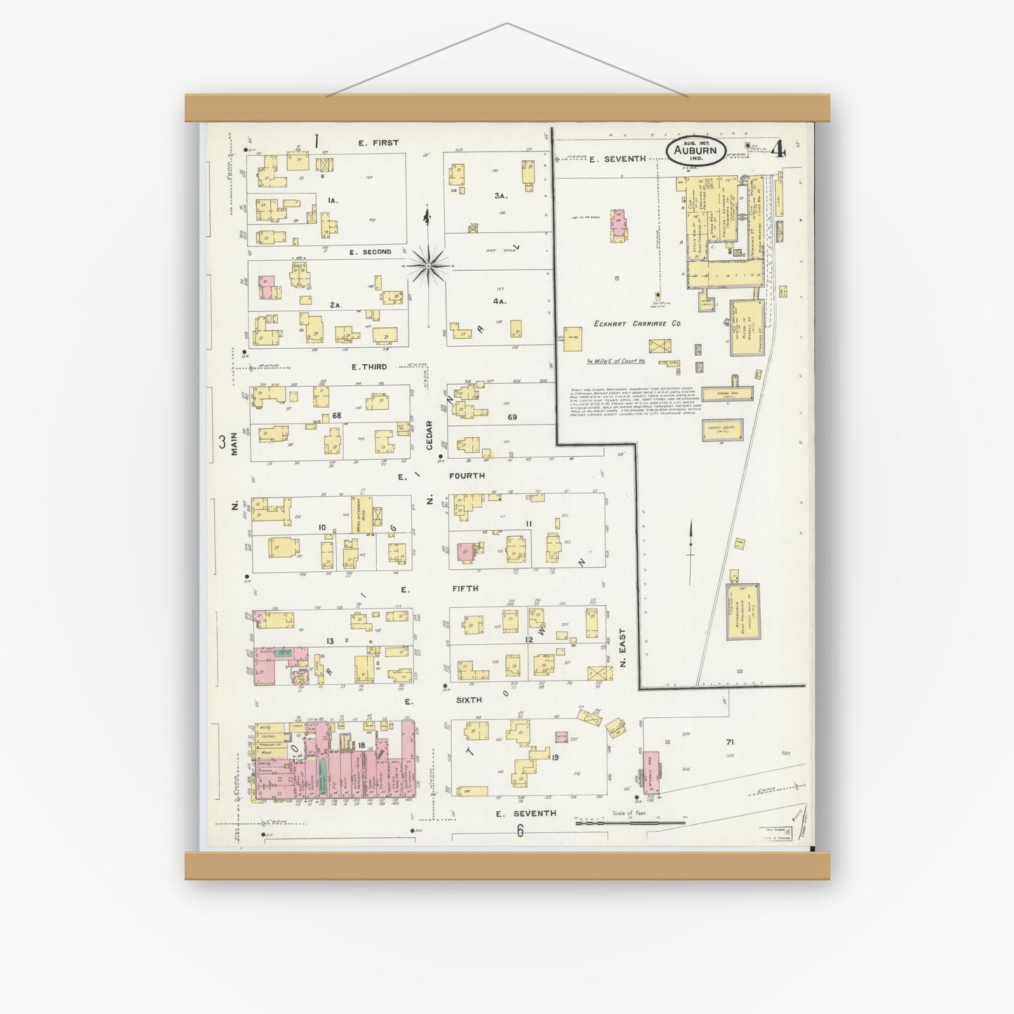 Old map wall art mockup — magnetic wood frame on white wall — Sanborn Fire Insurance Map from Auburn, De Kalb County, Indiana (1907), Sheet #0004