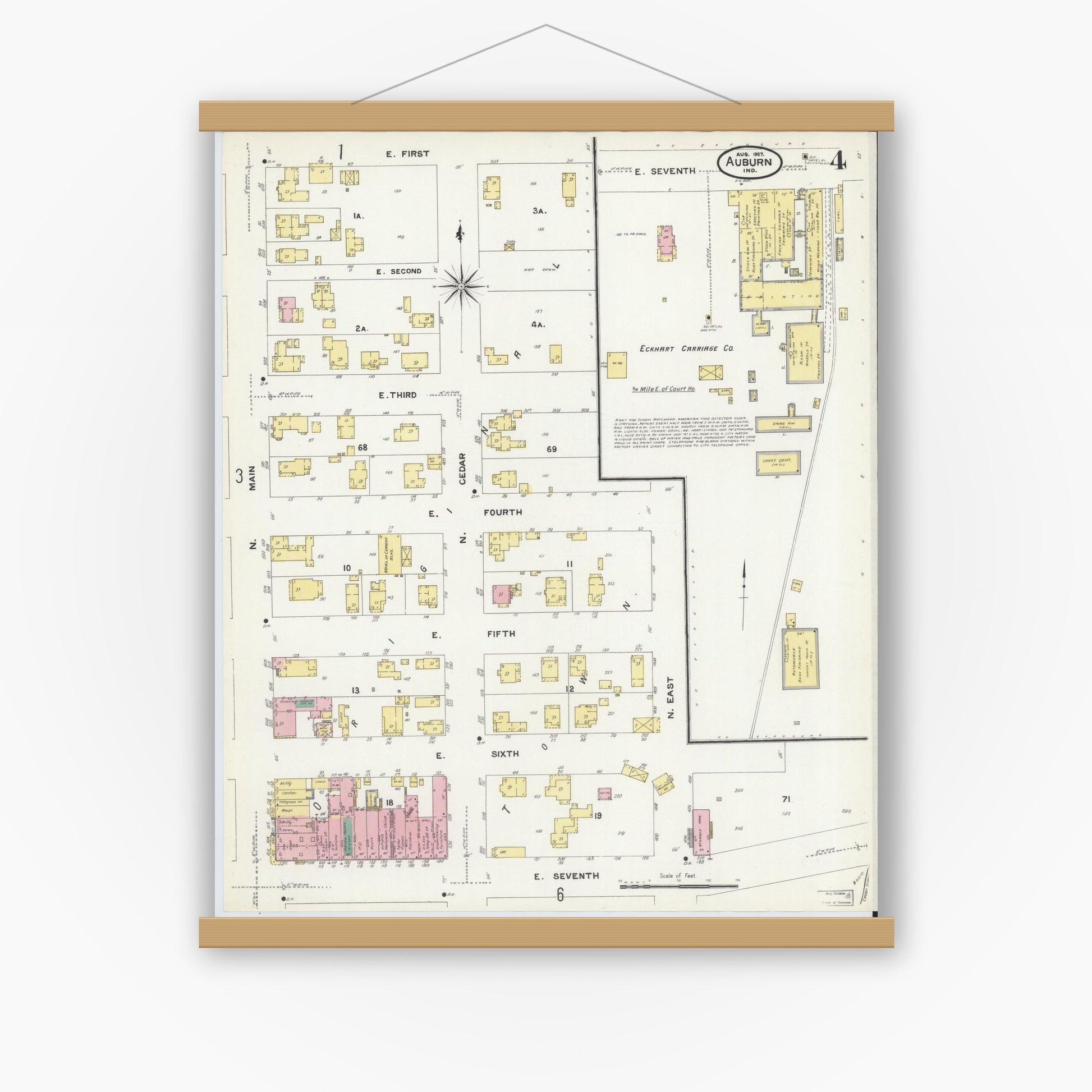 Old map wall art mockup — magnetic wood frame on white wall — Sanborn Fire Insurance Map from Auburn, De Kalb County, Indiana (1907), Sheet #0004