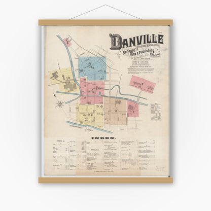 Old map wall art mockup — magnetic wood frame on white wall — Sanborn Fire Insurance Map from Danville, Montour County, Pennsylvania (1885) - Complete Map Set