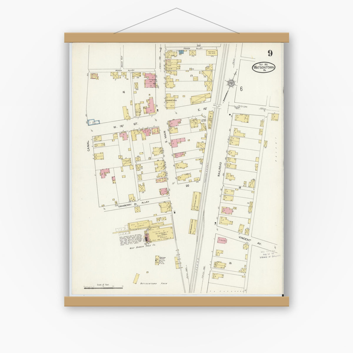 Old map wall art mockup — magnetic wood frame on white wall — Sanborn Fire Insurance Map from Watsontown, Northumberland County, Pennsylvania (1912), Sheet #0009