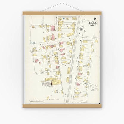 Old map wall art mockup — magnetic wood frame on white wall — Sanborn Fire Insurance Map from Watsontown, Northumberland County, Pennsylvania (1912), Sheet #0009