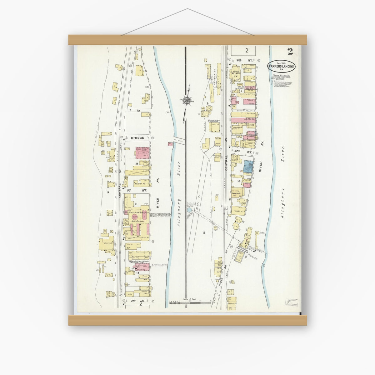 Old map wall art mockup — magnetic wood frame on white wall — Sanborn Fire Insurance Map from Parkers Landing, Armstrong County, Pennsylvania (1910), Sheet #0002