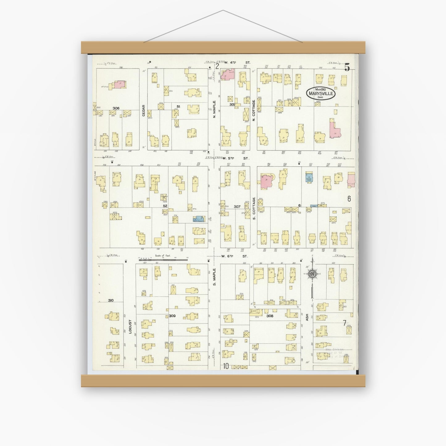 Old map wall art mockup — magnetic wood frame on white wall — Sanborn Fire Insurance Map from Marysville, Union County, Ohio (1910), Sheet #0005