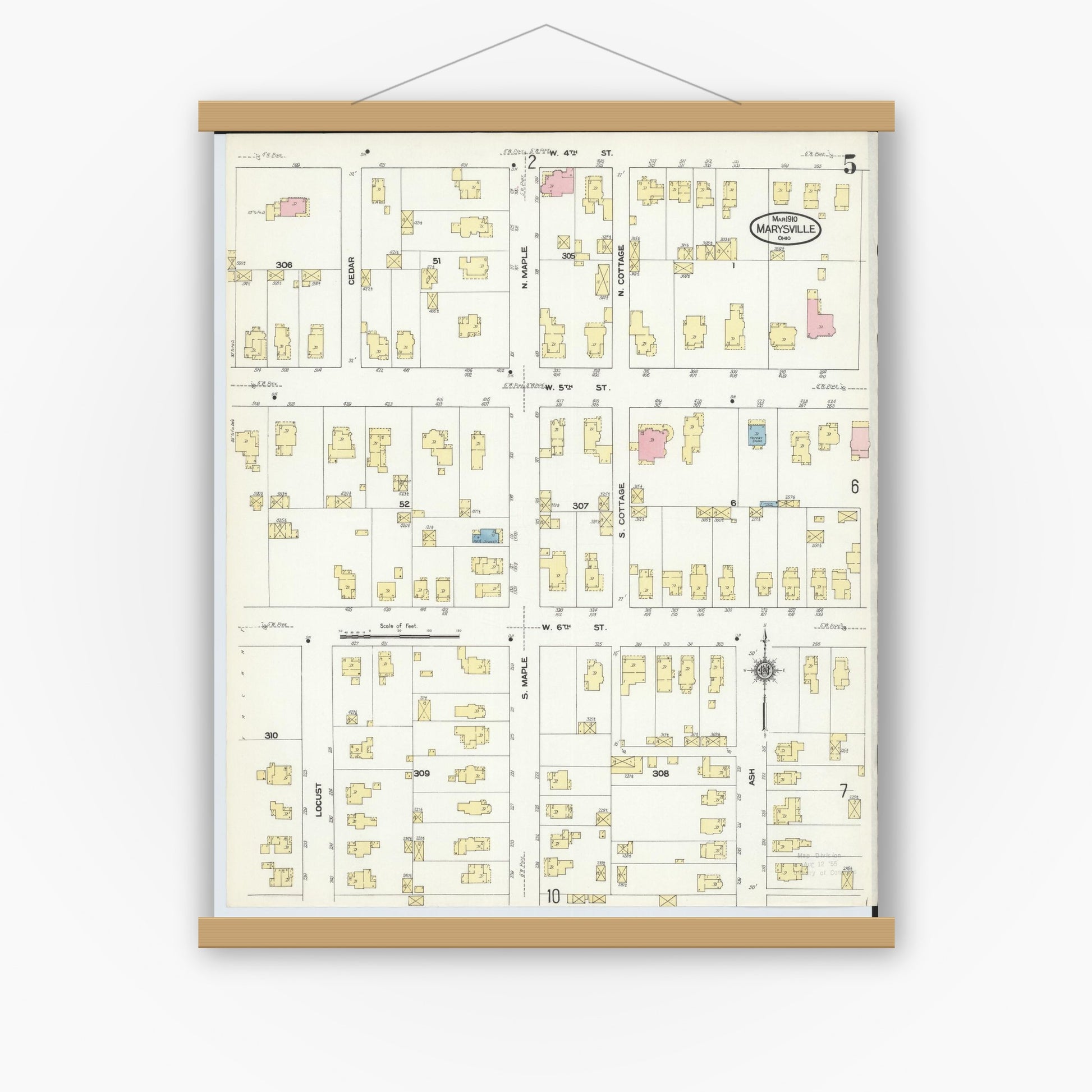 Old map wall art mockup — magnetic wood frame on white wall — Sanborn Fire Insurance Map from Marysville, Union County, Ohio (1910), Sheet #0005