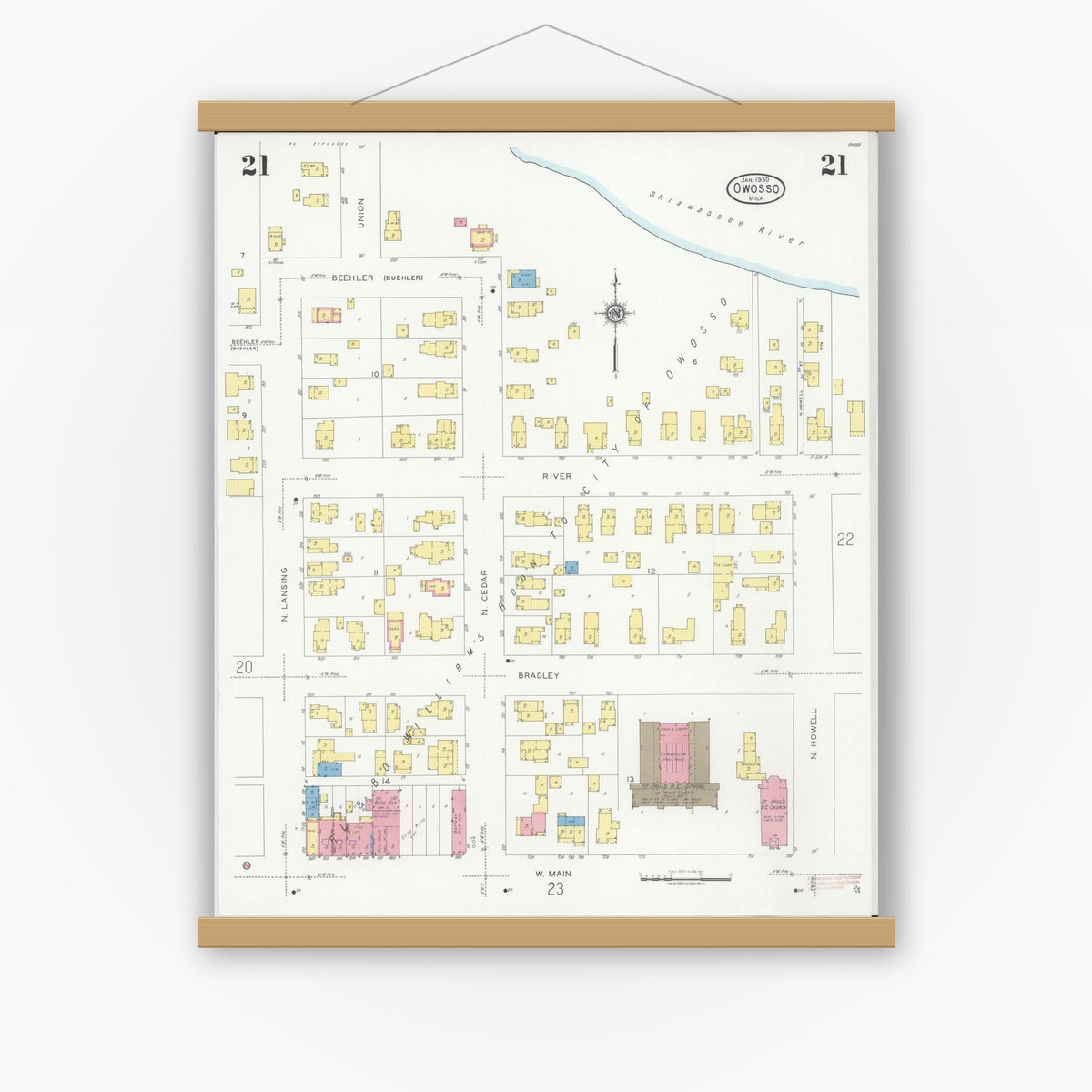 Old map wall art mockup — magnetic wood frame on white wall — Sanborn Fire Insurance Map from Owosso, Shiawassee County, Michigan (1930), Sheet #0021