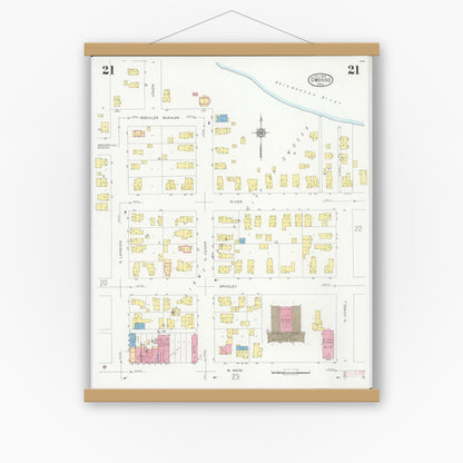 Old map wall art mockup — magnetic wood frame on white wall — Sanborn Fire Insurance Map from Owosso, Shiawassee County, Michigan (1930), Sheet #0021
