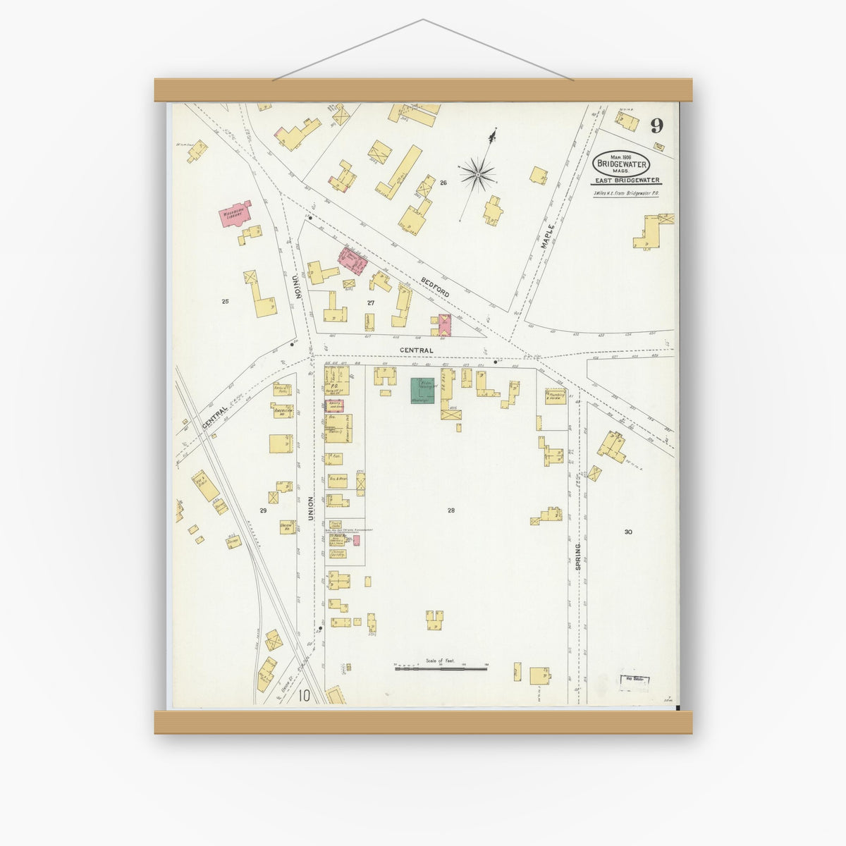 Old map wall art mockup — magnetic wood frame on white wall — Sanborn Fire Insurance Map from Bridgewater, Plymouth County, Massachusetts (1906), Sheet #0009