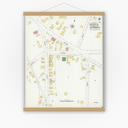 Old map wall art mockup — magnetic wood frame on white wall — Sanborn Fire Insurance Map from Bridgewater, Plymouth County, Massachusetts (1906), Sheet #0009