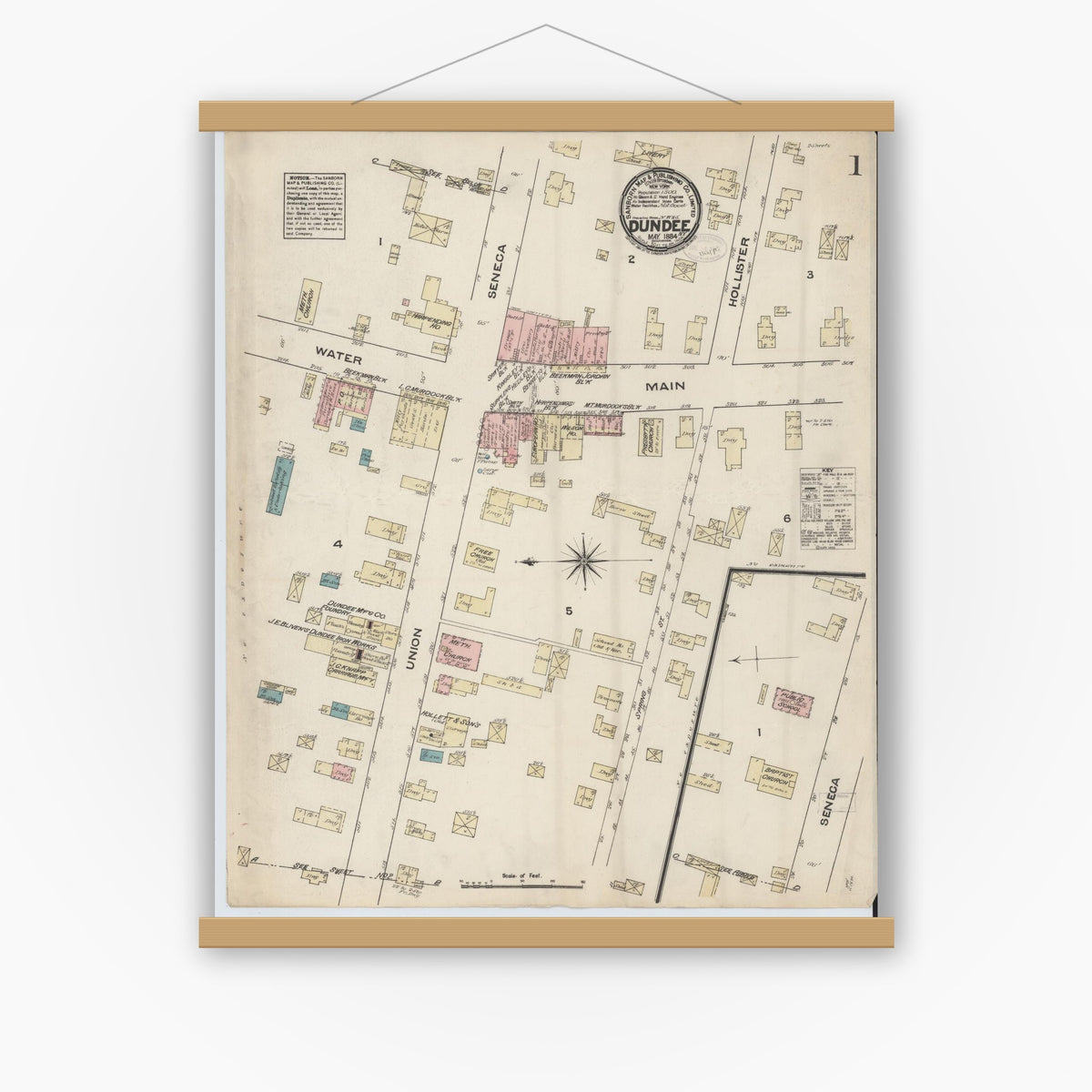 Old map wall art mockup — magnetic wood frame on white wall — Sanborn Fire Insurance Map from Dundee, Yates County, New York (1884), Sheet #0001