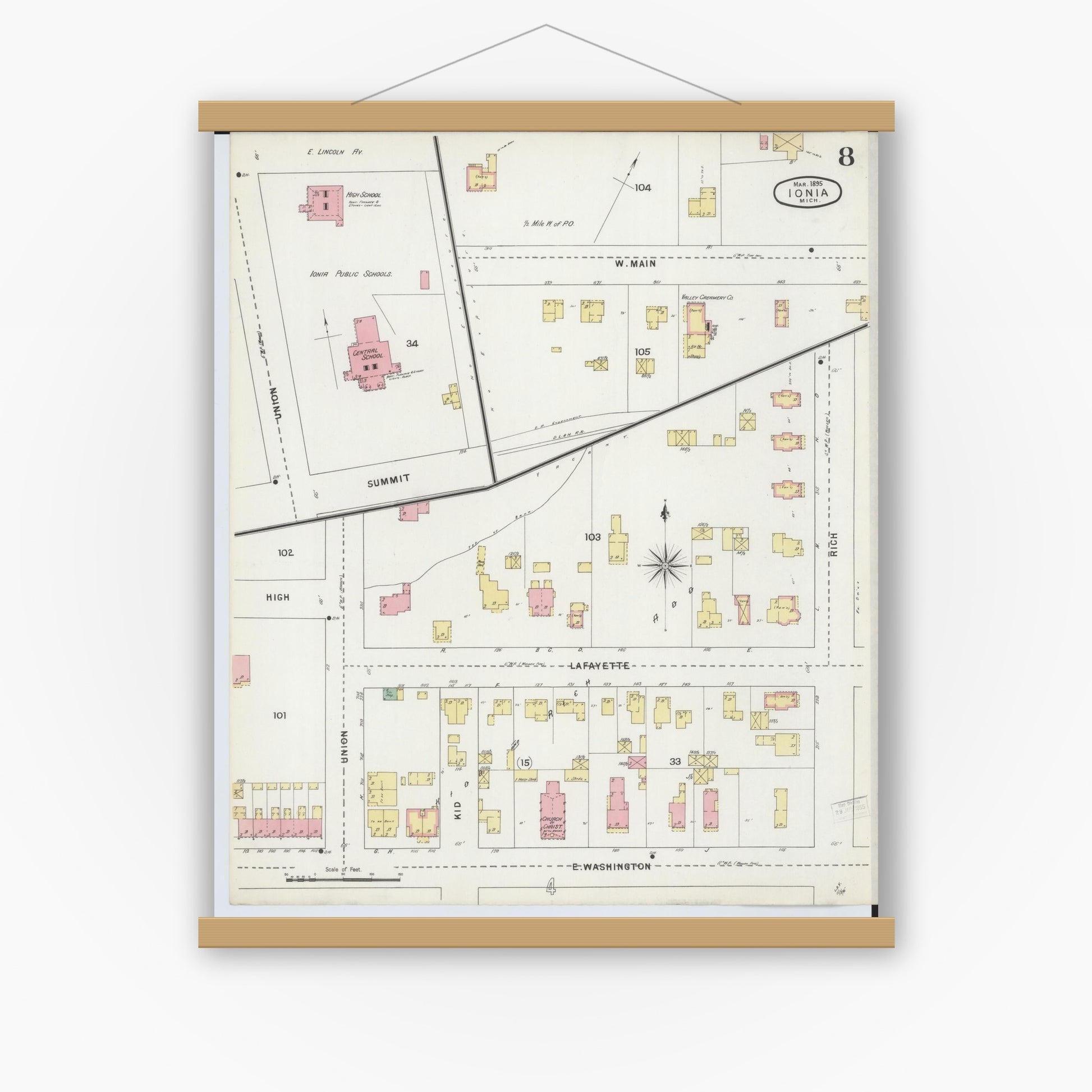 Old map wall art mockup — magnetic wood frame on white wall — Sanborn Fire Insurance Map from Ionia, Ionia County, Michigan (1895), Sheet #0008