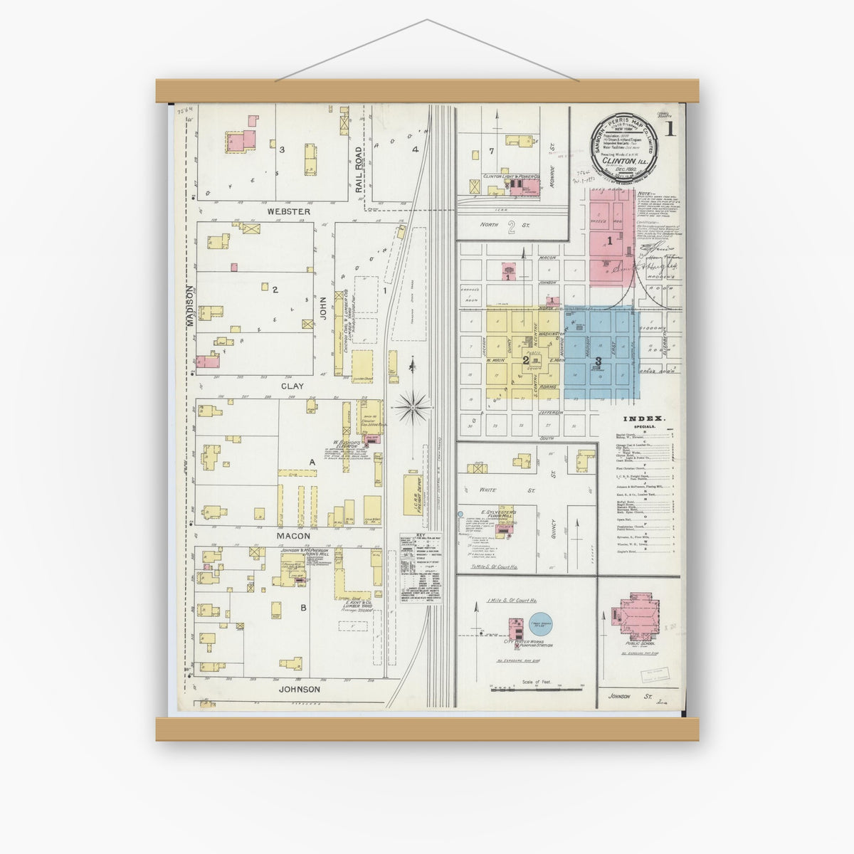 Old map wall art mockup — magnetic wood frame on white wall — Sanborn Fire Insurance Map from Clinton, De Witt County, Illinois (1892) - Complete Map Set