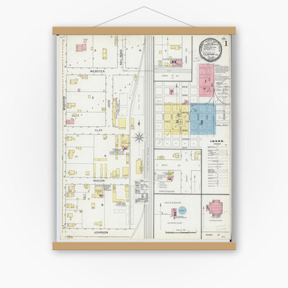 Old map wall art mockup — magnetic wood frame on white wall — Sanborn Fire Insurance Map from Clinton, De Witt County, Illinois (1892) - Complete Map Set
