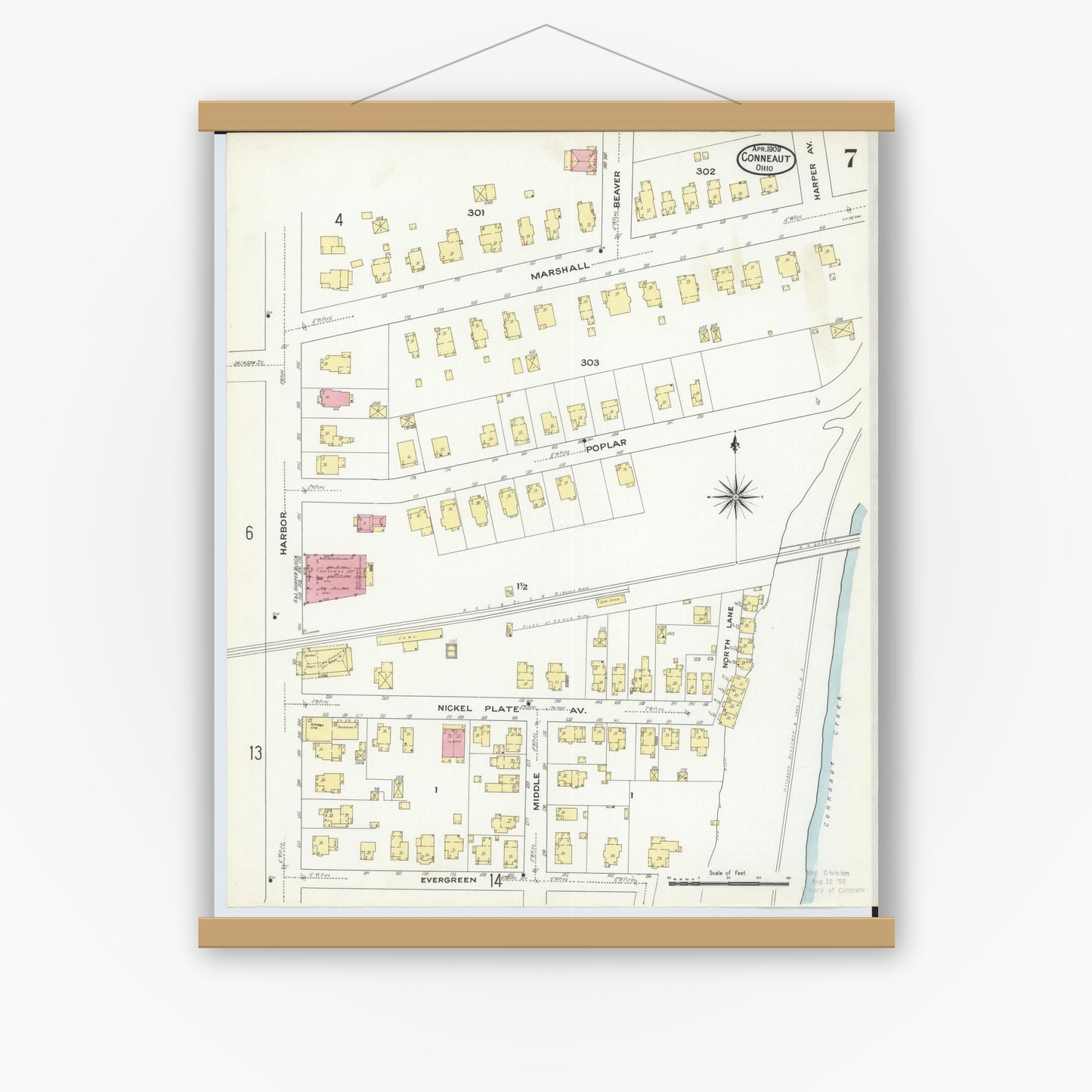 Old map wall art mockup — magnetic wood frame on white wall — Sanborn Fire Insurance Map from Conneaut, Ashtabula County, Ohio (1909), Sheet #0007