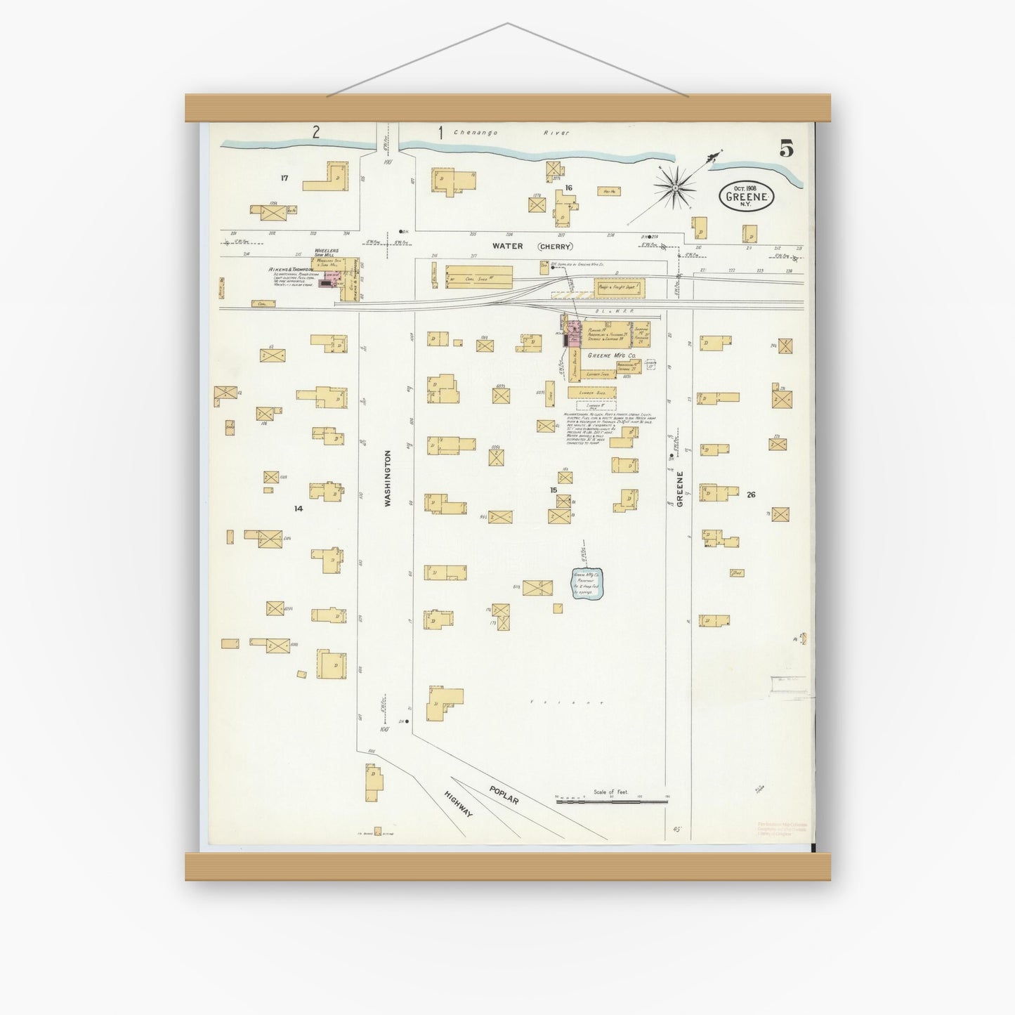 Old map wall art mockup — magnetic wood frame on white wall — Sanborn Fire Insurance Map from Greene, Chenango County, New York (1908), Sheet #0005