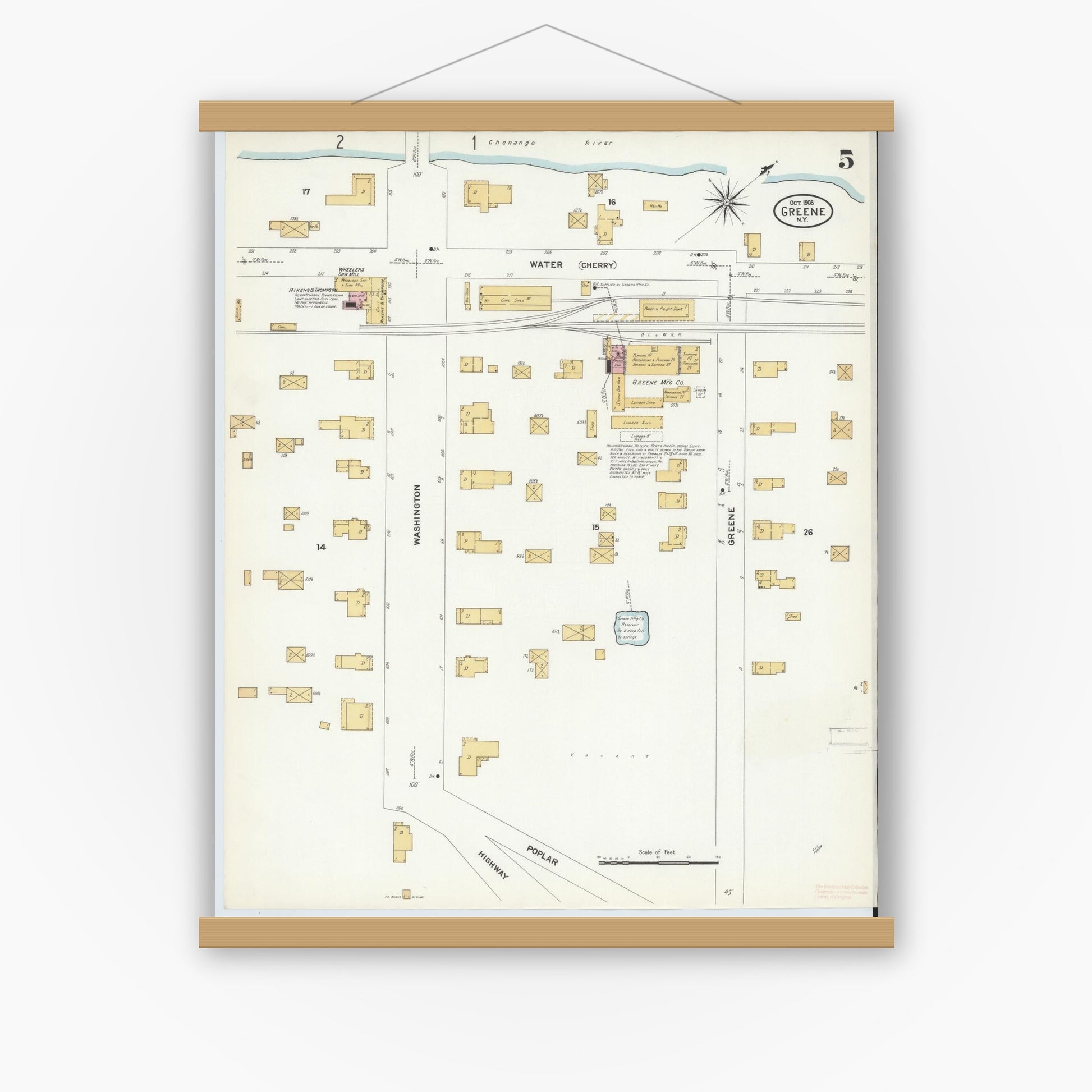 Old map wall art mockup — magnetic wood frame on white wall — Sanborn Fire Insurance Map from Greene, Chenango County, New York (1908), Sheet #0005