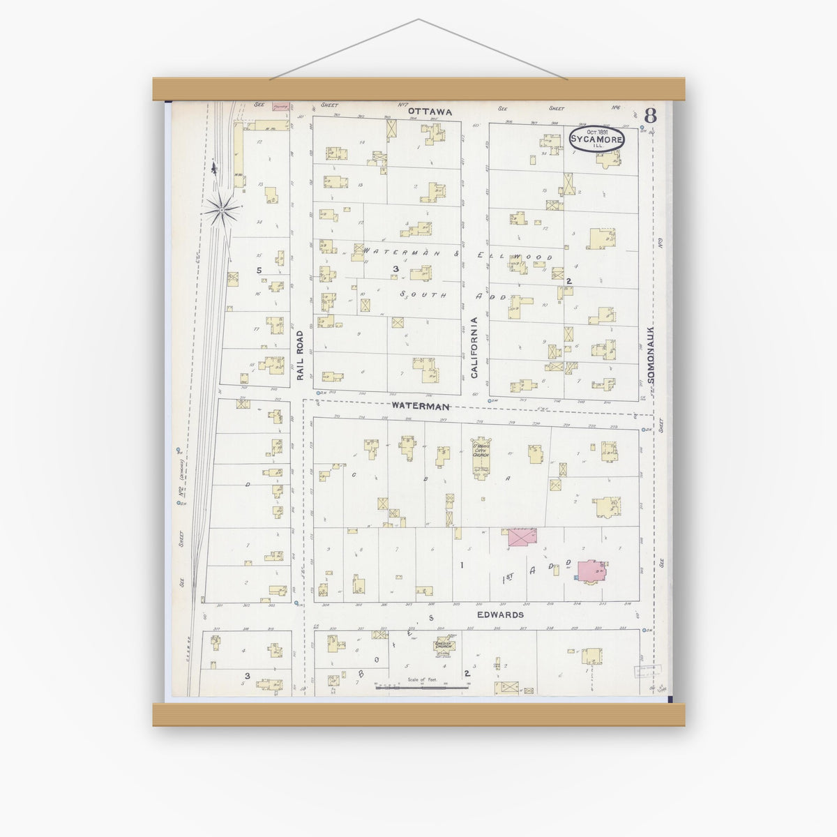 Old map wall art mockup — magnetic wood frame on white wall — Sanborn Fire Insurance Map from Sycamore, De Kalb County, Illinois (1891), Sheet #0008