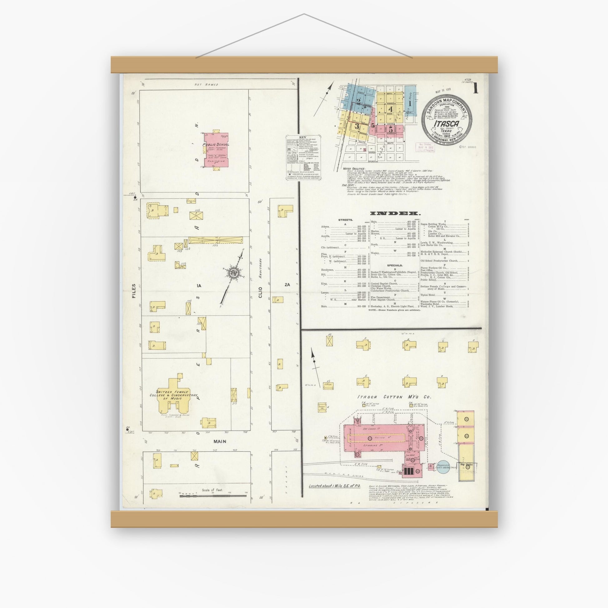 Old map wall art mockup — magnetic wood frame on white wall — Sanborn Fire Insurance Map from Itasca, Hill County, Texas (1912) - Complete Map Set
