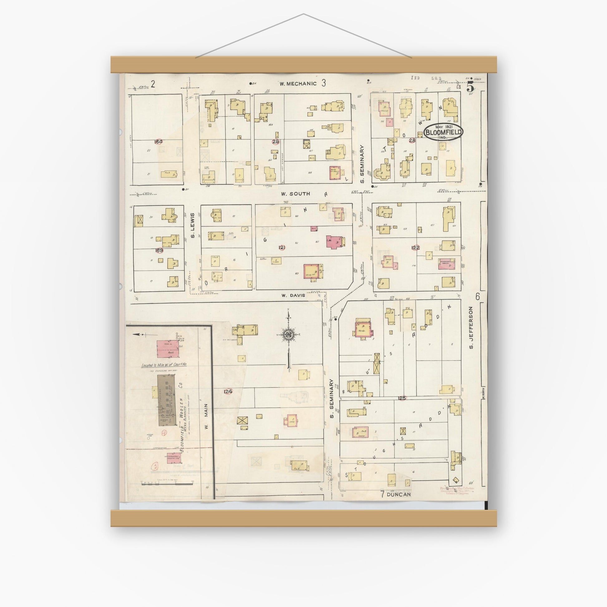 Old map wall art mockup — magnetic wood frame on white wall — Sanborn Fire Insurance Map from Bloomfield, Greene County, Indiana (1940), Sheet #0005