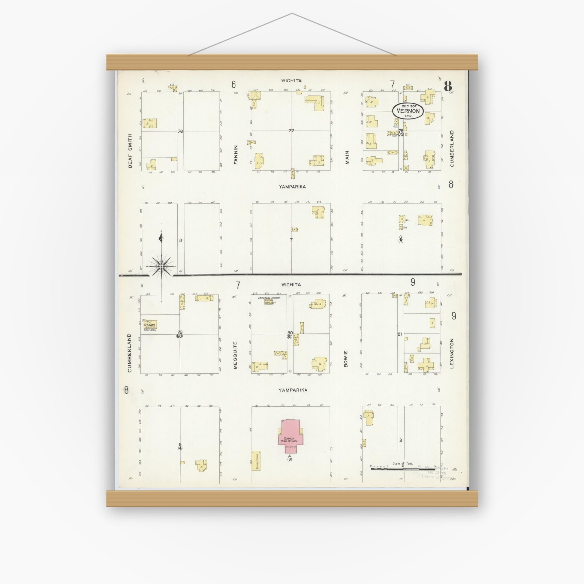 Old map wall art mockup — magnetic wood frame on white wall — Sanborn Fire Insurance Map from Vernon, Wilbarger County, Texas (1907), Sheet #0008