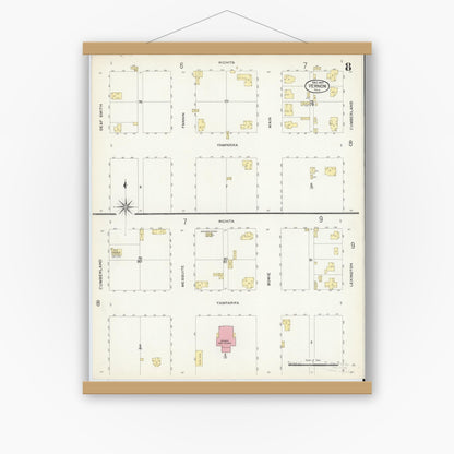 Old map wall art mockup — magnetic wood frame on white wall — Sanborn Fire Insurance Map from Vernon, Wilbarger County, Texas (1907), Sheet #0008