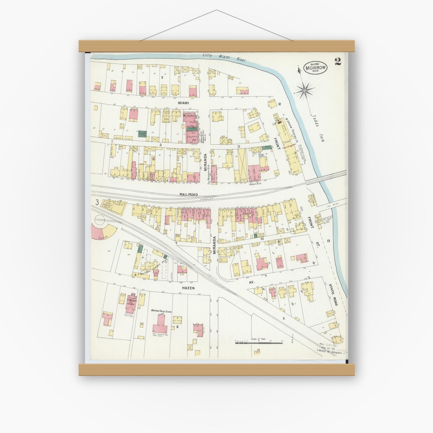 Old map wall art mockup — magnetic wood frame on white wall — Sanborn Fire Insurance Map from Morrow, Warren County, Ohio (1901), Sheet #0002