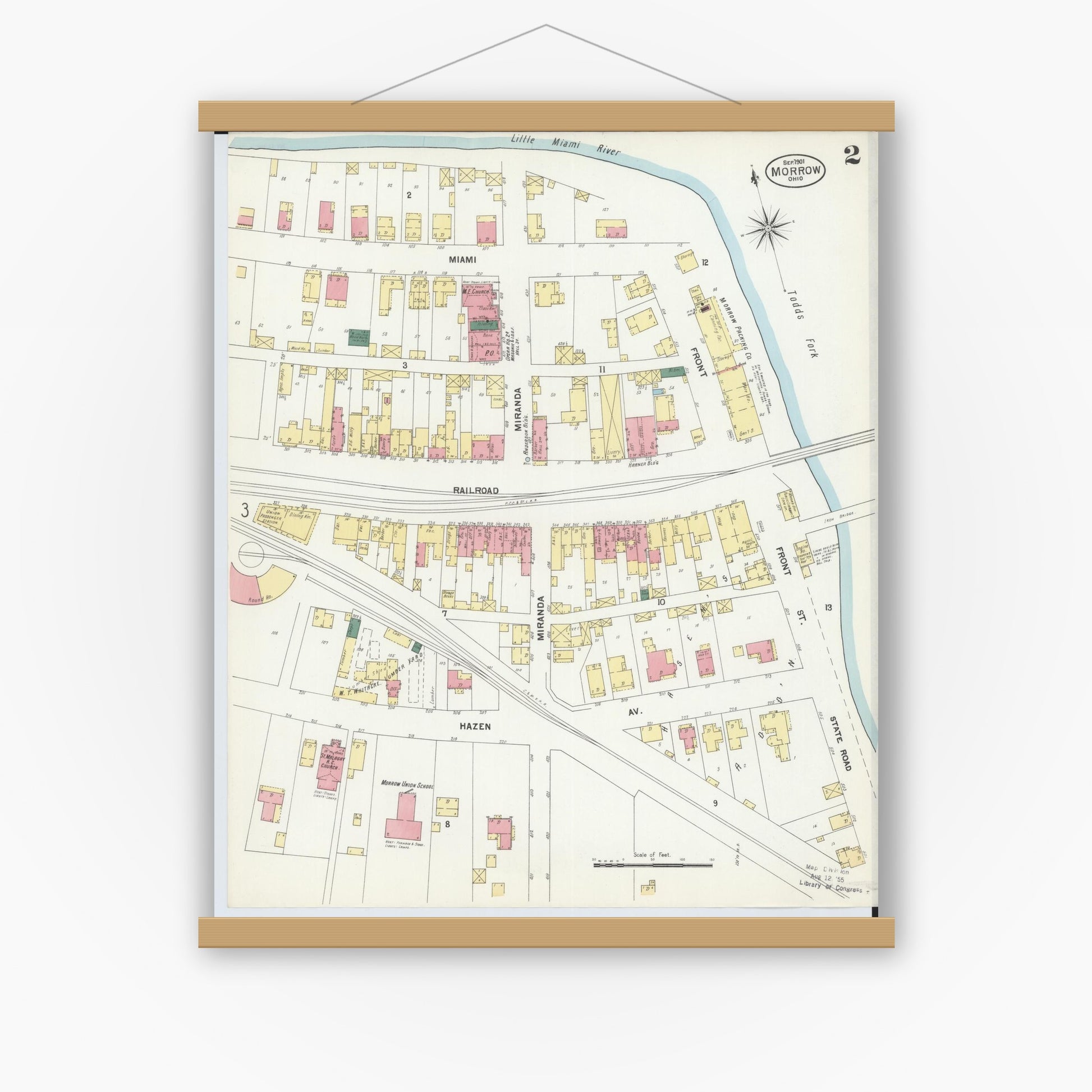 Old map wall art mockup — magnetic wood frame on white wall — Sanborn Fire Insurance Map from Morrow, Warren County, Ohio (1901), Sheet #0002