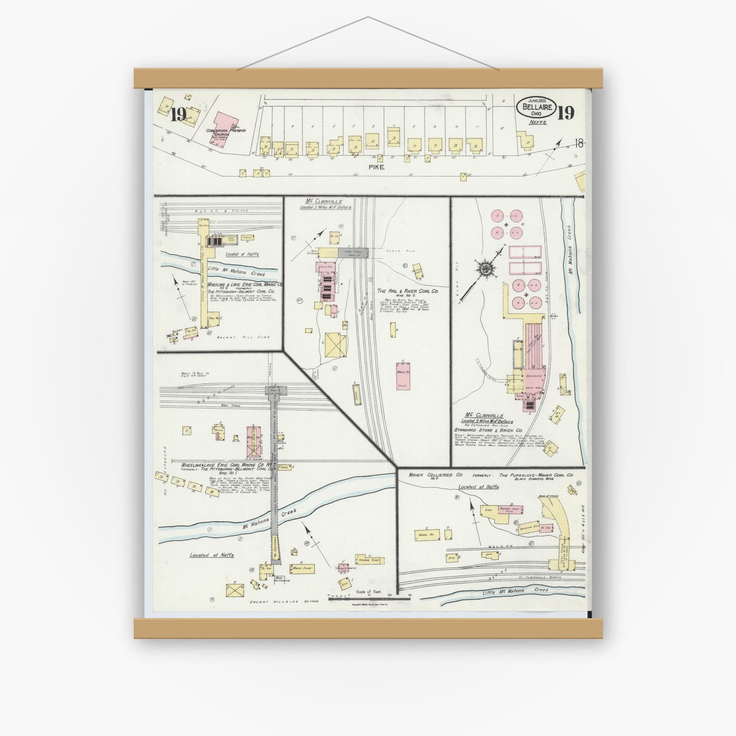 Old map wall art mockup — magnetic wood frame on white wall — Sanborn Fire Insurance Map from Bellaire, Belmont County, Ohio (1924), Sheet #0019