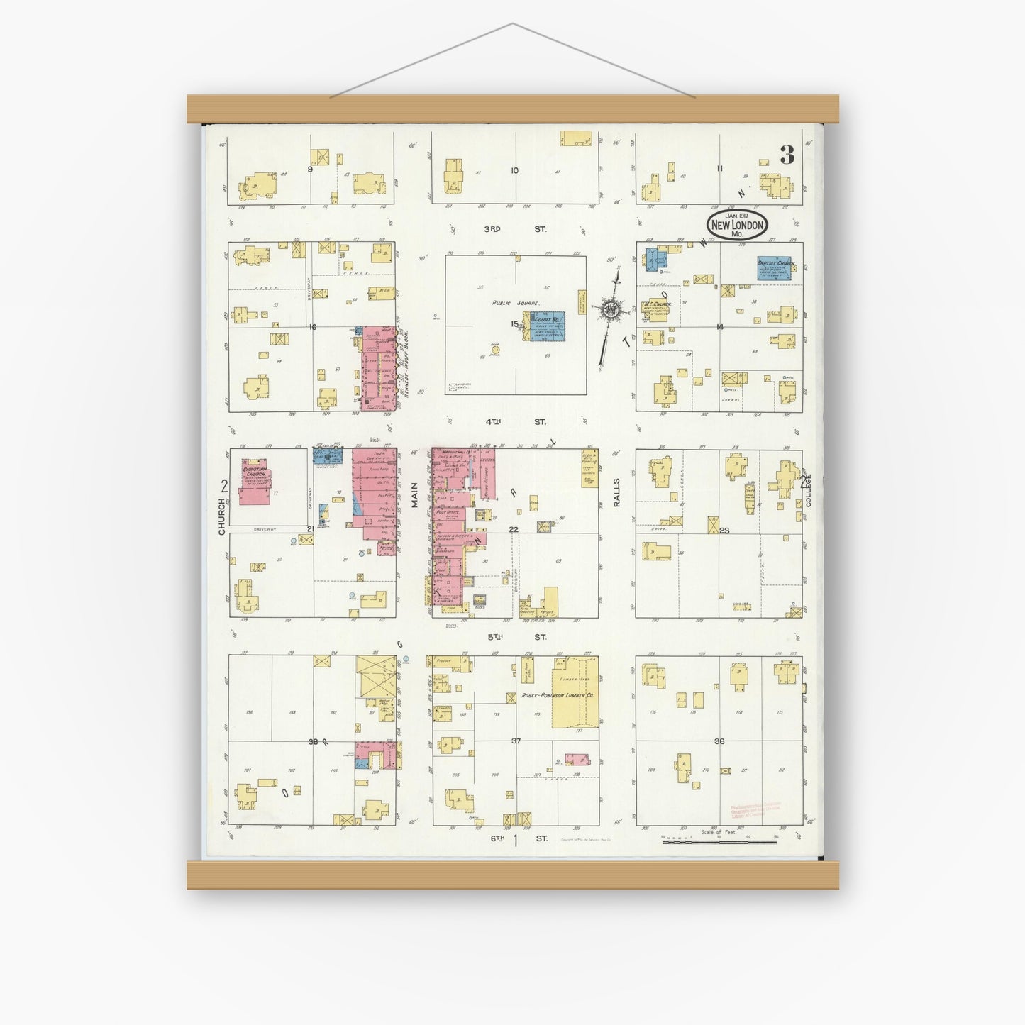 Old map wall art mockup — magnetic wood frame on white wall — Sanborn Fire Insurance Map from New London, Ralls County, Missouri (1917), Sheet #0003