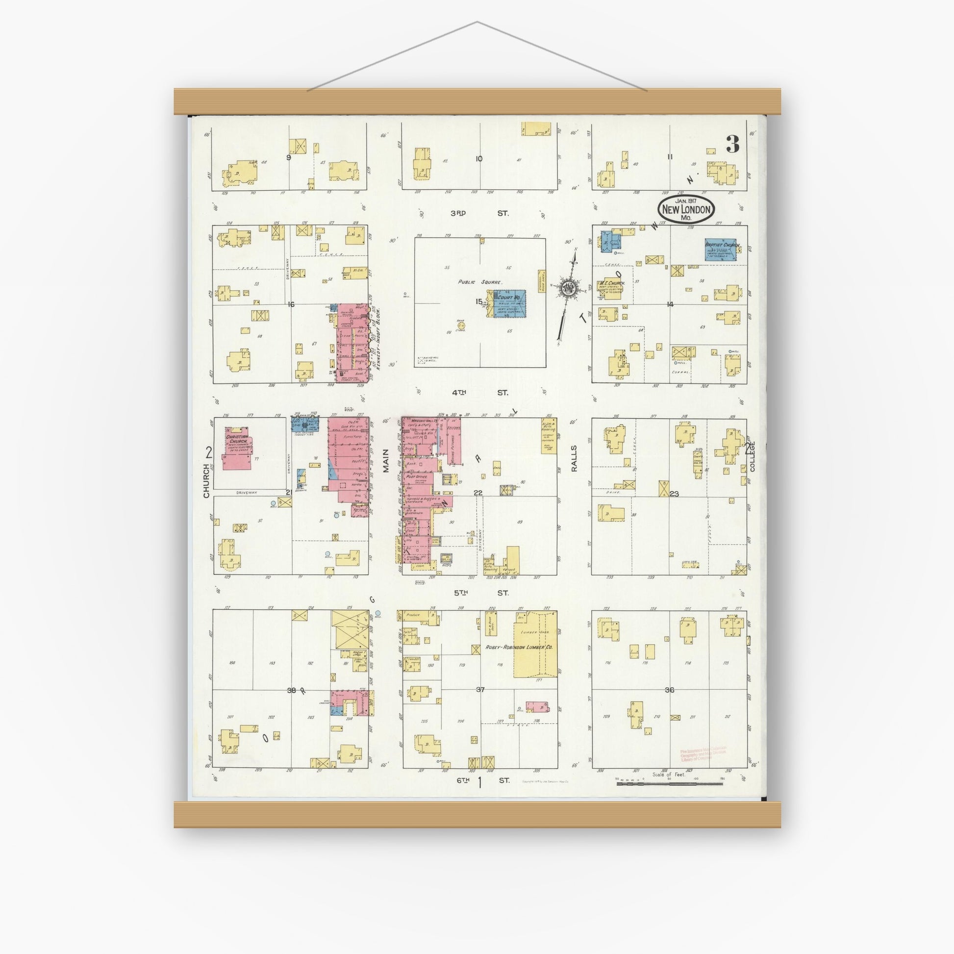 Old map wall art mockup — magnetic wood frame on white wall — Sanborn Fire Insurance Map from New London, Ralls County, Missouri (1917), Sheet #0003