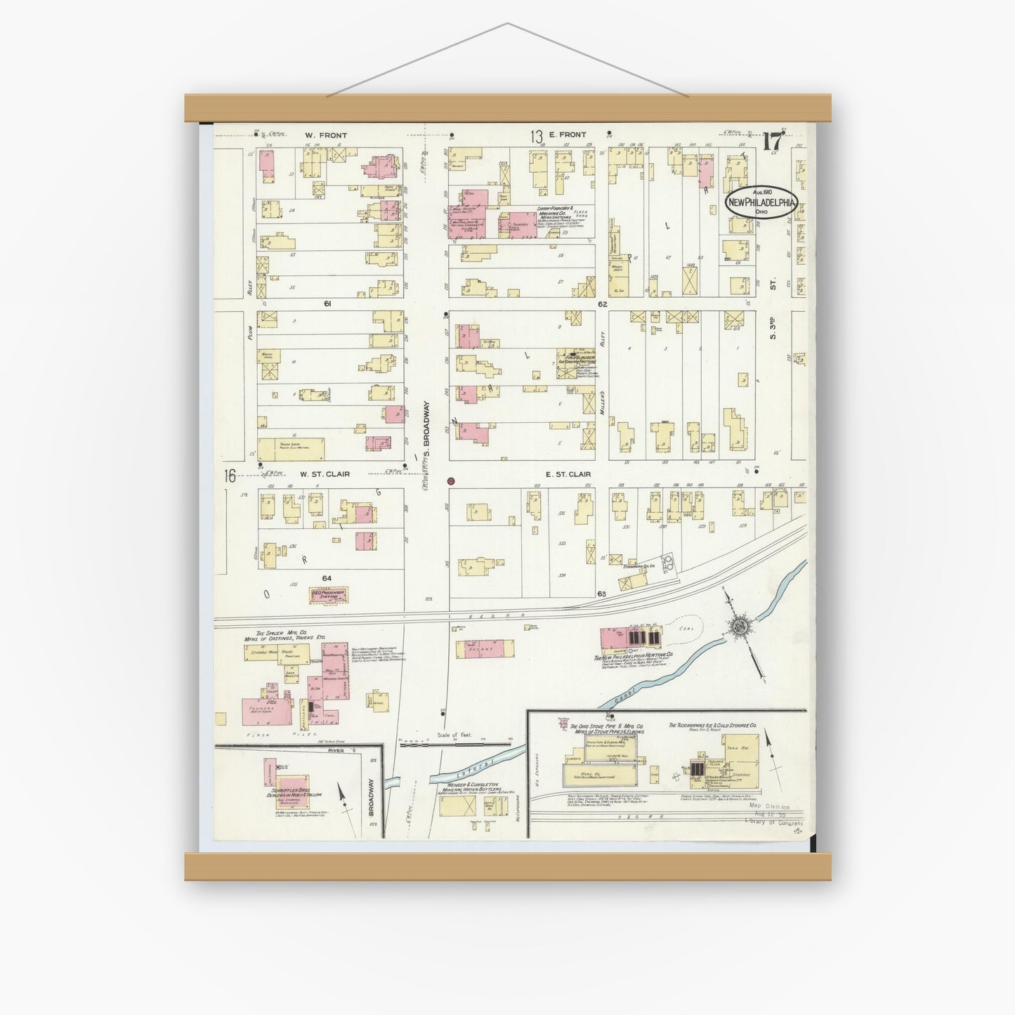 Old map wall art mockup — magnetic wood frame on white wall — Sanborn Fire Insurance Map from New Philadelphia, Tuscarawas County, Ohio (1910), Sheet #0017