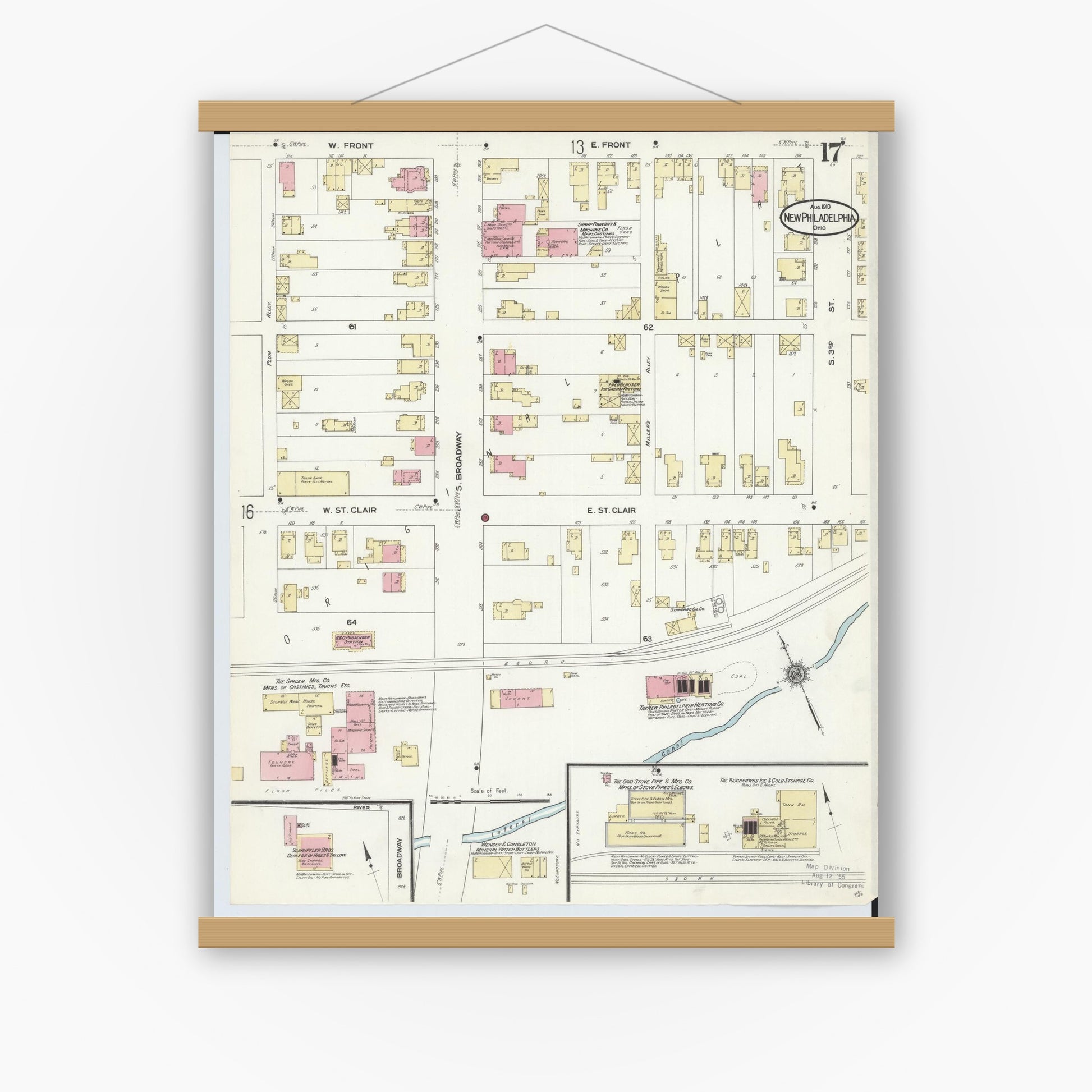 Old map wall art mockup — magnetic wood frame on white wall — Sanborn Fire Insurance Map from New Philadelphia, Tuscarawas County, Ohio (1910), Sheet #0017