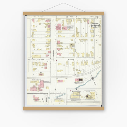 Old map wall art mockup — magnetic wood frame on white wall — Sanborn Fire Insurance Map from New Philadelphia, Tuscarawas County, Ohio (1910), Sheet #0017