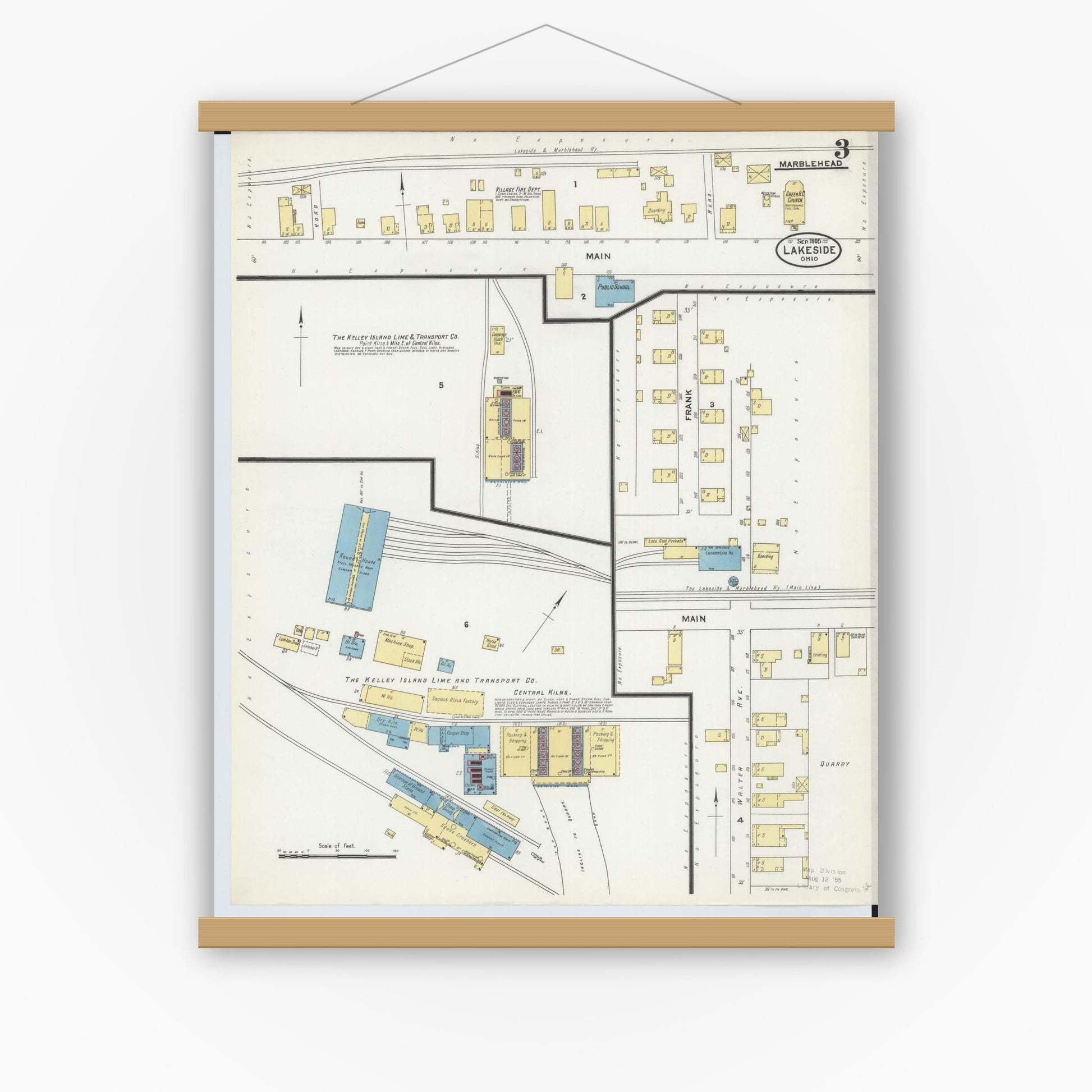 Old map wall art mockup — magnetic wood frame on white wall — Sanborn Fire Insurance Map from Lakeside, Ottawa County, Ohio (1905), Sheet #0003