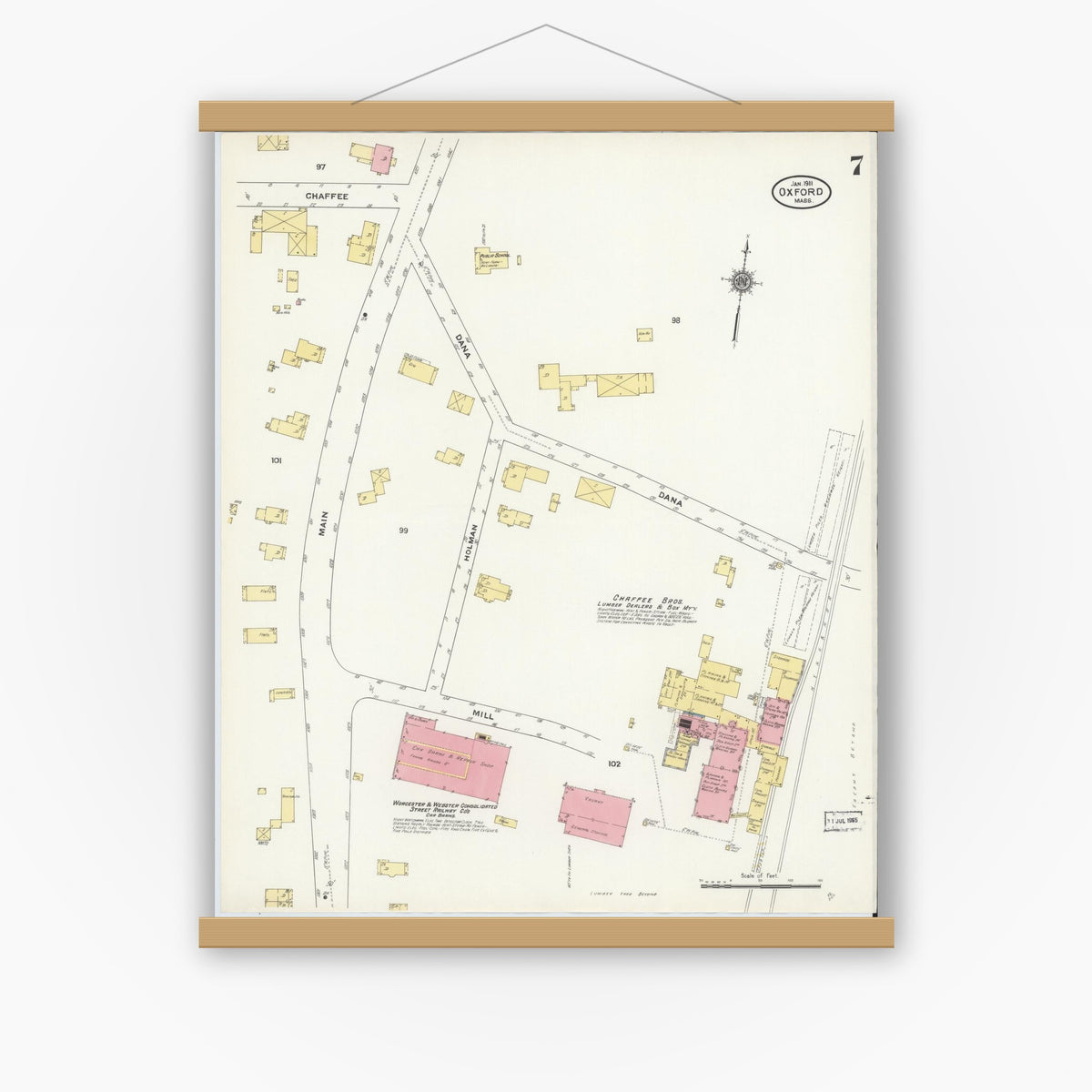 Old map wall art mockup — magnetic wood frame on white wall — Sanborn Fire Insurance Map from Oxford, Worcester County, Massachusetts (1911), Sheet #0007