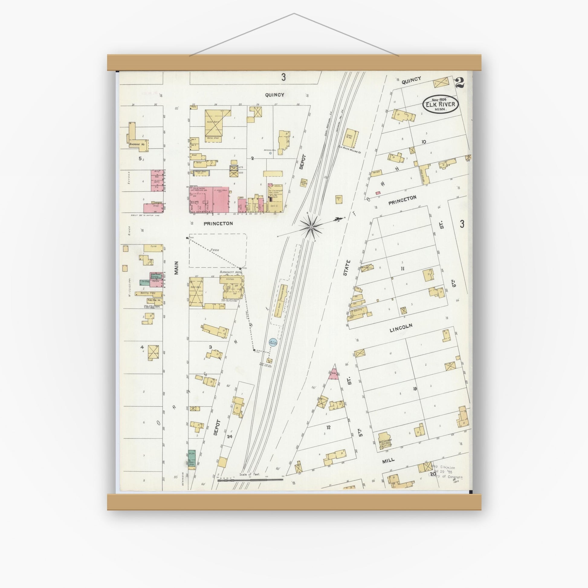 Old map wall art mockup — magnetic wood frame on white wall — Sanborn Fire Insurance Map from Elk River, Sherburne County, Minnesota (1905), Sheet #0002