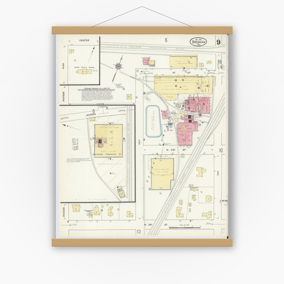 Old map wall art mockup — magnetic wood frame on white wall — Sanborn Fire Insurance Map from Brenham, Washington County, Texas (1912), Sheet #0009