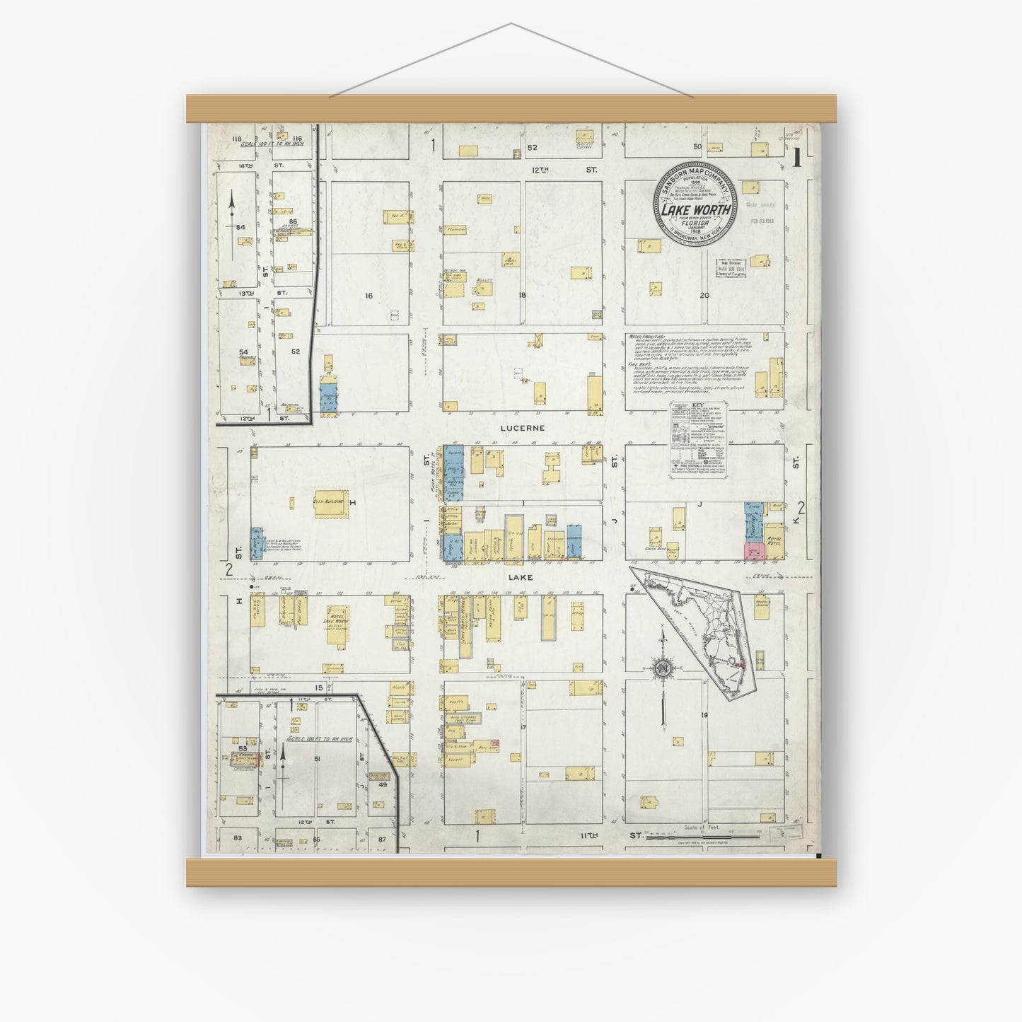 Old map wall art mockup — magnetic wood frame on white wall — Sanborn Fire Insurance Map from Lake Worth, Palm Beach County, Florida (1918) - Complete Map Set