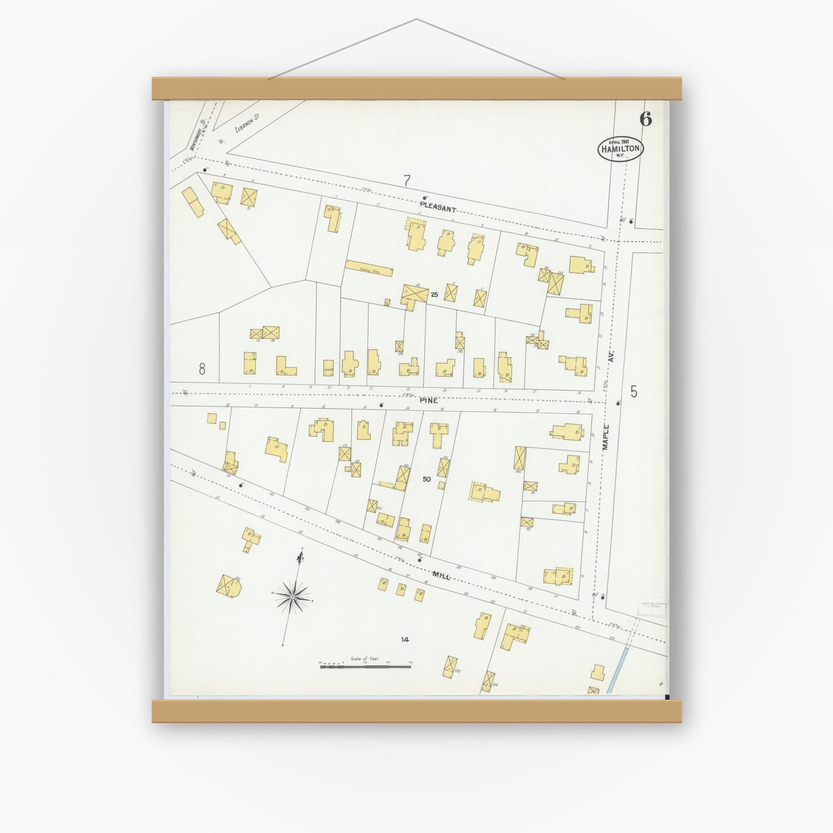 Old map wall art mockup — magnetic wood frame on white wall — Sanborn Fire Insurance Map from Hamilton, Madison County, New York (1901), Sheet #0006