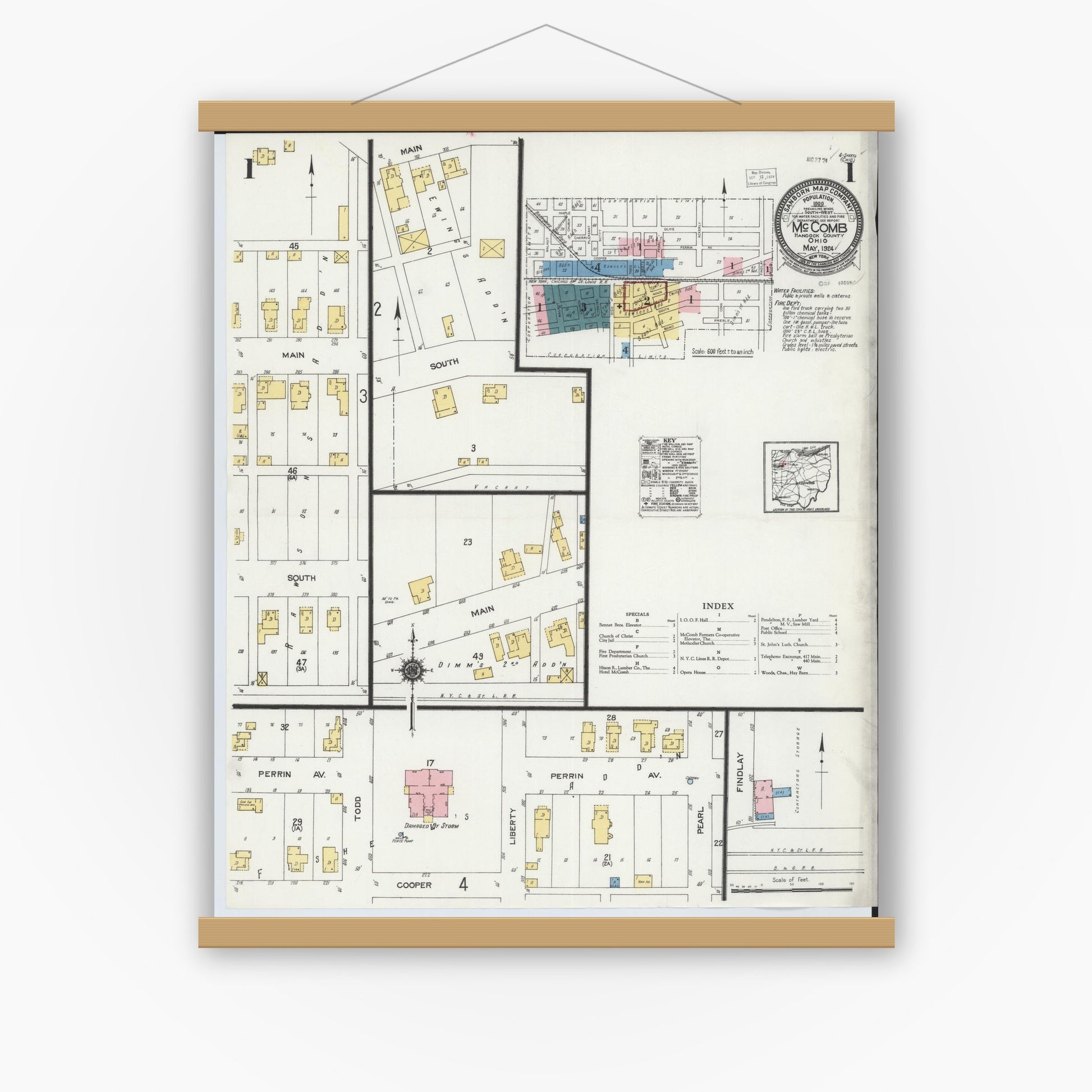 Old map wall art mockup — magnetic wood frame on white wall — Sanborn Fire Insurance Map from McComb, Hancock County, Ohio (1924), Sheet #0001
