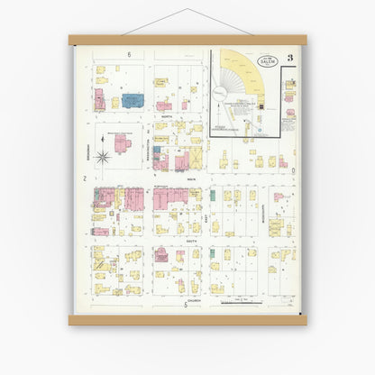 Old map wall art mockup — magnetic wood frame on white wall — Sanborn Fire Insurance Map from Salem, Marion County, Illinois (1908), Sheet #0003