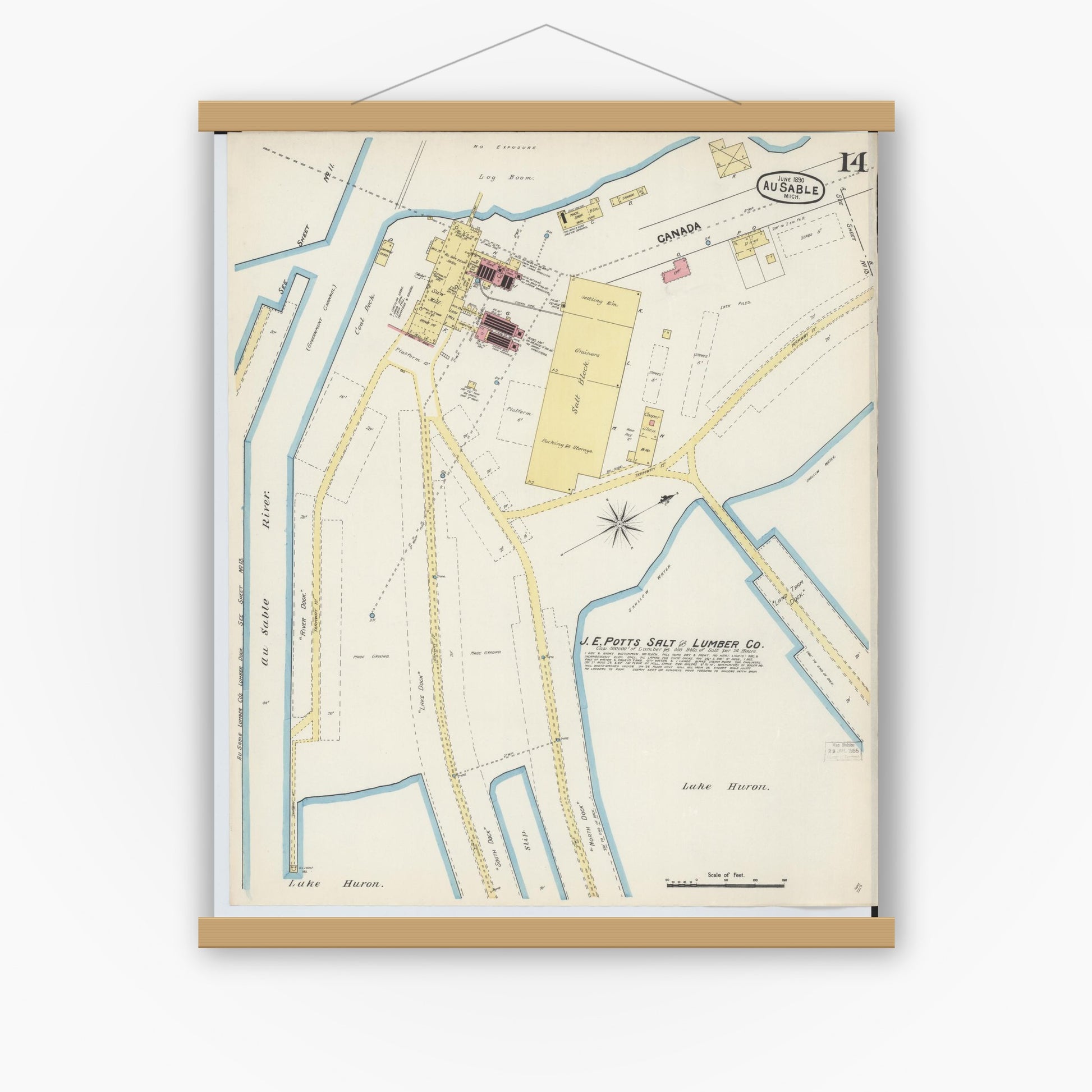 Old map wall art mockup — magnetic wood frame on white wall — Sanborn Fire Insurance Map from Oscoda, Iosco County, Michigan (1890), Sheet #0014