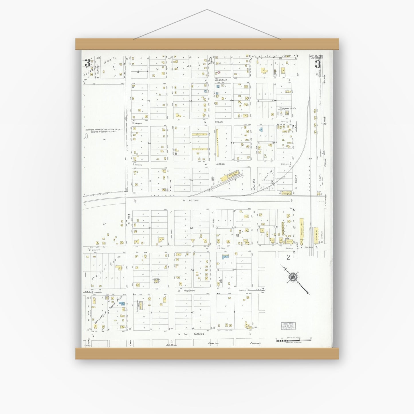 Old map wall art mockup — magnetic wood frame on white wall — Sanborn Fire Insurance Map from Mathis, San Patricio County, Texas (1950), Sheet #0003