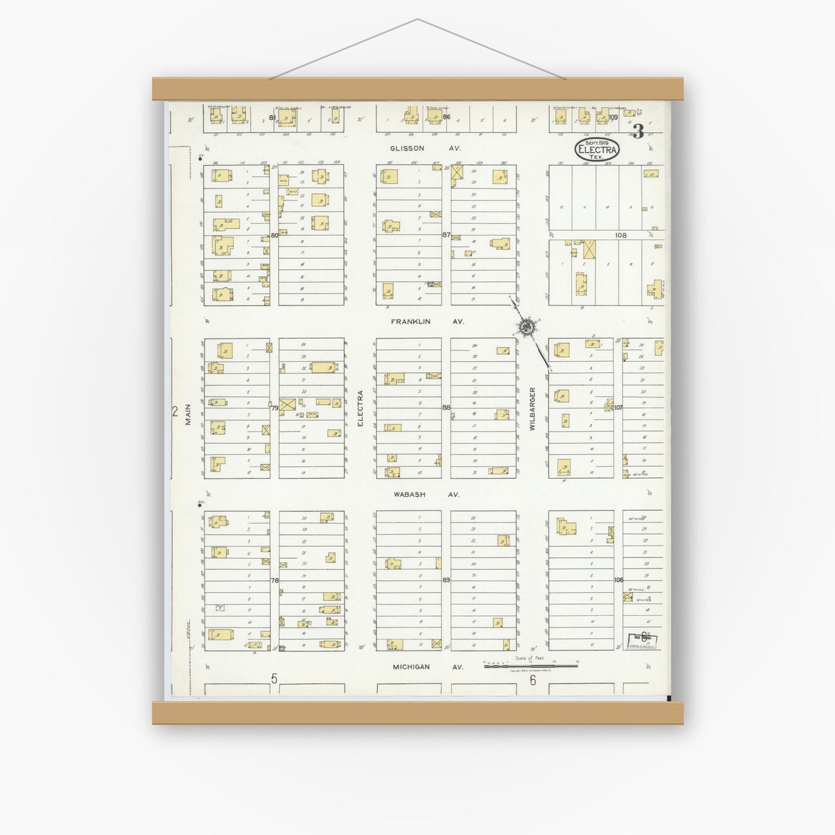Old map wall art mockup — magnetic wood frame on white wall — Sanborn Fire Insurance Map from Electra, Wichita County, Texas (1919), Sheet #0003
