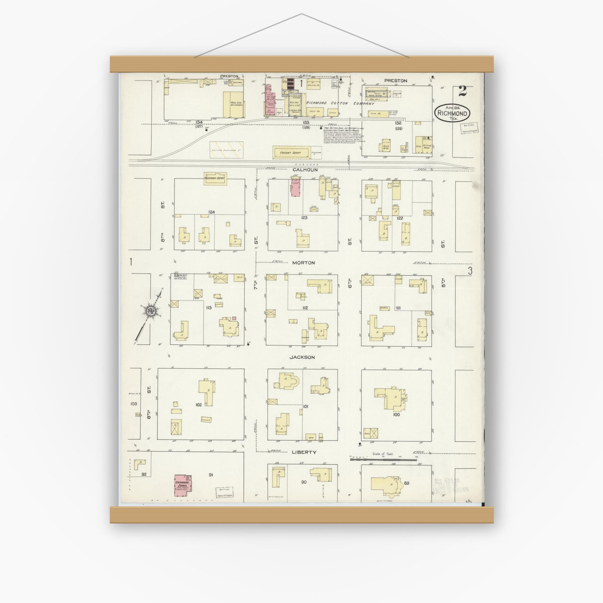 Old map wall art mockup — magnetic wood frame on white wall — Sanborn Fire Insurance Map from Richmond, Fort Bend County, Texas (1914), Sheet #0002