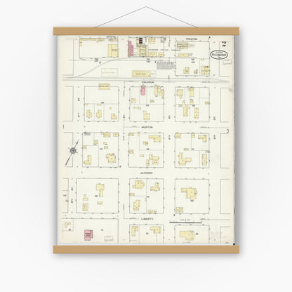 Old map wall art mockup — magnetic wood frame on white wall — Sanborn Fire Insurance Map from Richmond, Fort Bend County, Texas (1914), Sheet #0002