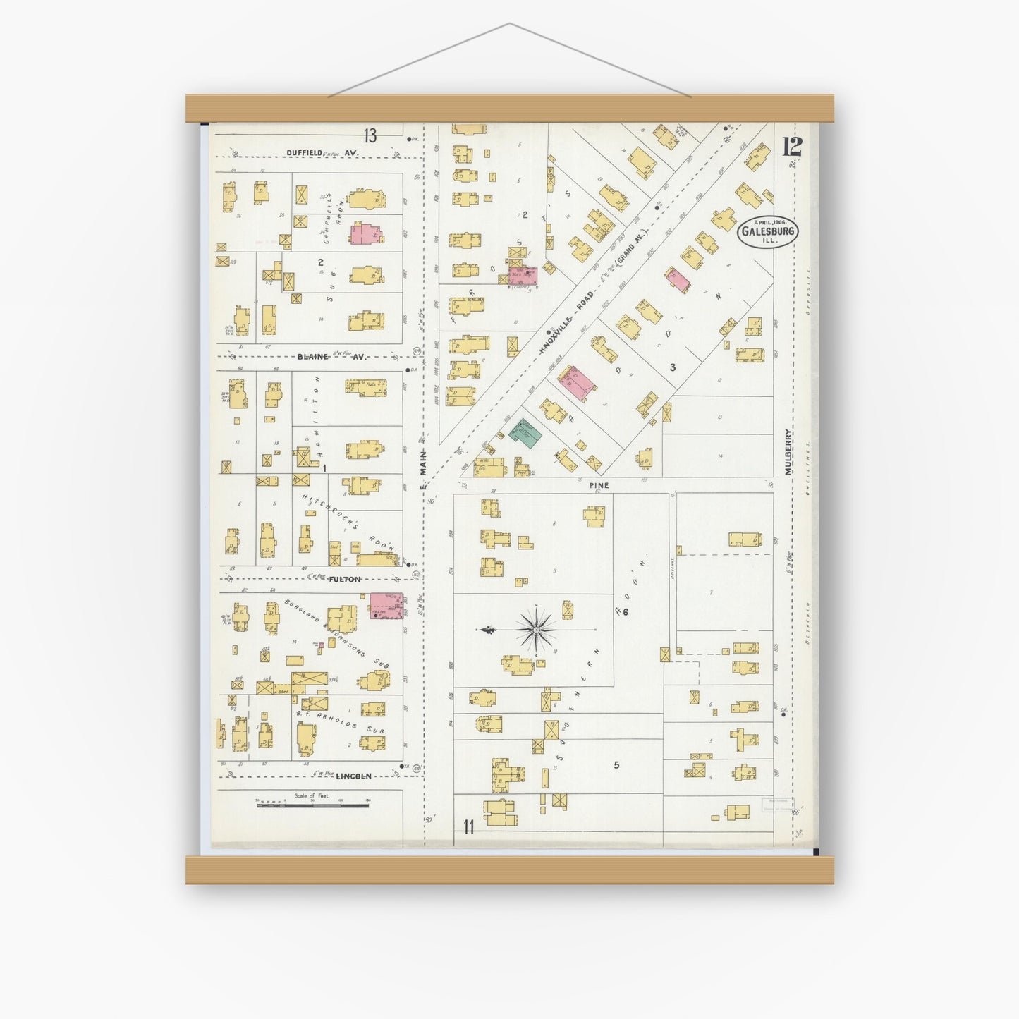 Old map wall art mockup — magnetic wood frame on white wall — Sanborn Fire Insurance Map from Galesburg, Knox County, Illinois (1906), Sheet #0012
